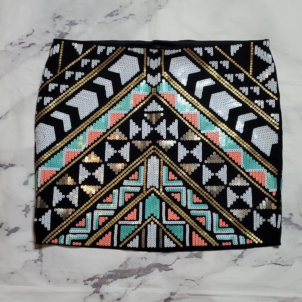 Express Black/White/Gold Sequin Mini Skirt